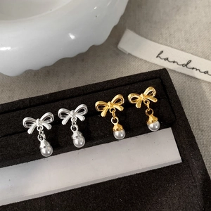 Bowknot Artificial Pearl Drop Earrings With Copper Earring Post Minimalist Sweet Elegant Daily Jewelry For Women