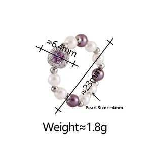 Detail of beaded pearl ring with square purple zircon and 4mm pearls, weight 1.8g