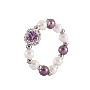 Elegant beaded ring featuring white and purple pearls with a square purple zircon stone