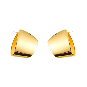 Polished gold geometric stud earrings with a wide curved shield design on white background