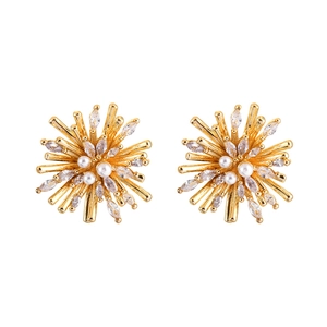Golden firework stud earrings with radiant pearls and marquise cubic zirconia stones