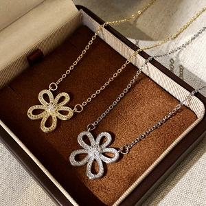 Hollow Flower Pendant Necklace Gold Plated Copper Micro Pave Zircon Korean Style Minimalist Elegant Jewelry For Women