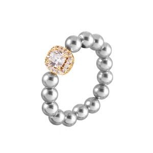 Elegant beaded ring featuring grey pearls and a gold square zircon setting on a white background