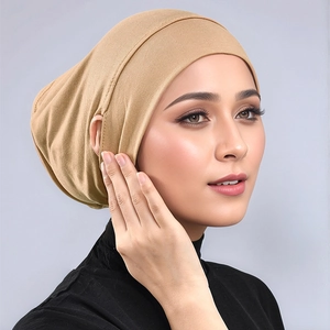 Premium modal inner hijab cap in khaki with ear holes for glasses and earphones