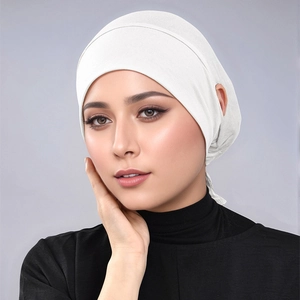 White modal elastic hijab inner cap with ear holes for glasses and soft breathable fabric