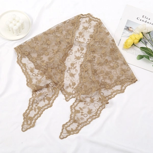 Elegant brown lace headscarf with hollow floral patterns and vintage scalloped edges