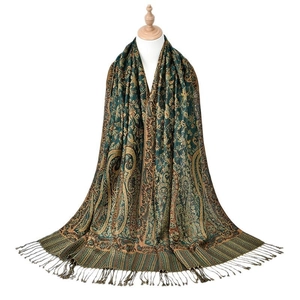 Retro dark green paisley shawl scarf with fringe hem and vintage jacquard pattern