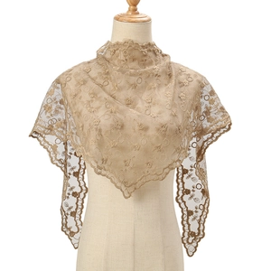 Elegant khaki floral lace triangle headscarf with scalloped edges for women