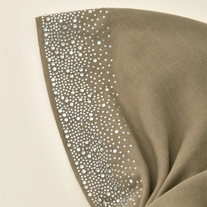 Khaki hijab turban hat with silver rhinestone stripes and elegant long tail design
