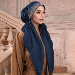 Navy blue hijab scarf for women with elegant silver rhinestone embellishments on forehead