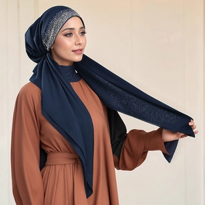 Detail of navy blue hijab showing gradient silver rhinestone embellishments on the forehead