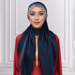 Dark blue long hijab with silver rhinestone gradient decor and high-quality fabric