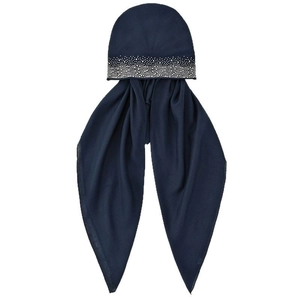 Dark blue turban set with rhinestone inner cap and long scarf on white background