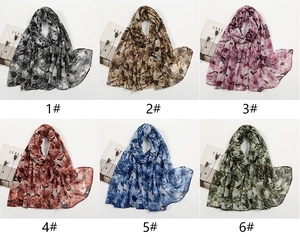 Detailed grid view showing six color options of floral print chiffon scarves and shawls