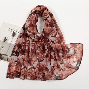 Elegant floral print voile scarf in reddish brown for women, lightweight spring shawl
