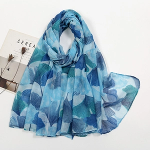 Blue chiffon long scarf with gradient ginkgo leaf print and lightweight fabric