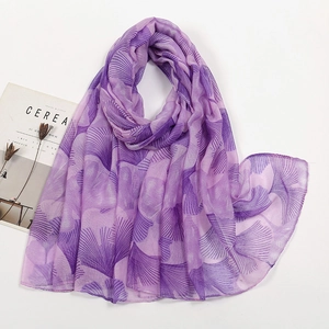 Women Long Voile Scarf Fashionable Floral And Ginkgo Leaf Print Elegant Breathable Lightweight Shawl Wrap