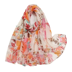 Lightweight floral print voile scarf with vibrant multi-color flower patterns for women