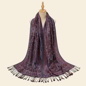 Bohemian paisley embroidered long shawl scarf with brown tassels for women travel style