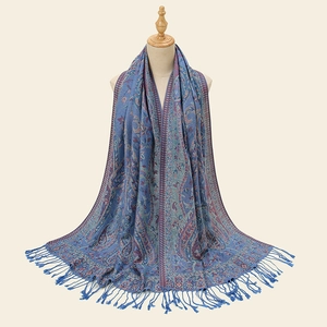 Detail of blue paisley embroidery and soft fringe on the long ethnic style pashmina shawl