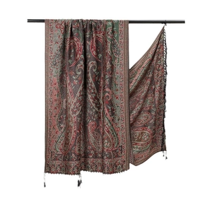 Classic ethnic paisley embroidered long shawl scarf with tassel trim for women