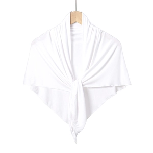 Close-up of a white mercerized cotton headscarf with a front knot detail on a hanger