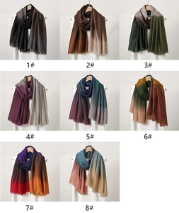 Grid display of lightweight gradient scarves in eight various color schemes with fringed edges