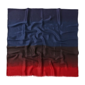 Gradient cotton linen scarf in blue, brown, and red with frayed fringe trim detail