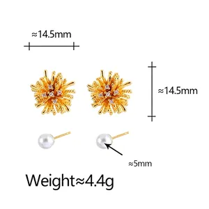 Star-shaped zircon earrings and round pearl stud set in 18K gold finish for women