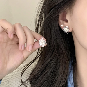 Sparkling silver starburst pearl stud earrings with zircon inlay for elegant women