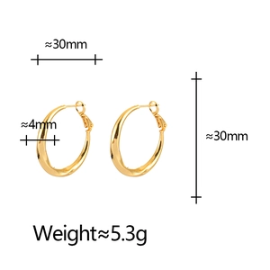 Minimalist gold geometric hoop earrings with 30mm diameter and 4mm width dimensions