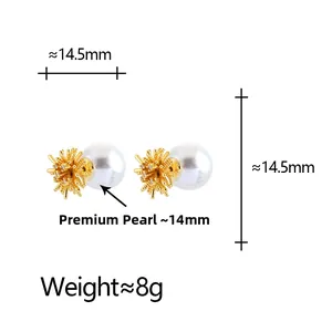 Macro detail of 14mm round pearl stud earring with golden fireworks metal design