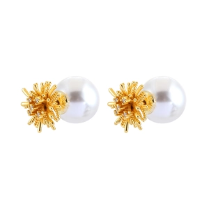 Elegant gold fireworks stud earrings with large white pearls and sparkling cubic zirconia