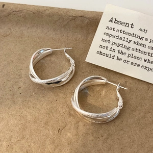 Detail of twisted silver earrings with alternating polished and matte textured finish