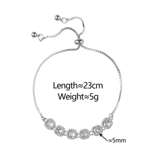 Adjustable silver zircon bracelet with six round pavé charms and a bead sliding clasp
