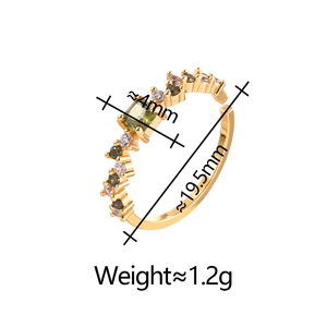 Detail view of gold open ring showing 4mm width, 19.5mm diameter and zircon stones
