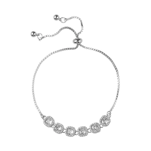 Elegant silver-tone box chain bracelet featuring six square pendants with cubic zirconia