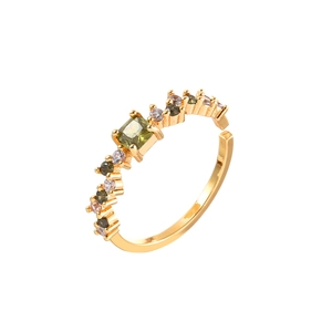 Elegant gold-plated open ring with a square olive green gemstone and side crystal accents