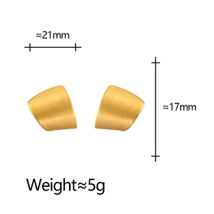 Golden geometric brushed metal stud earrings with dimension markings and matte finish