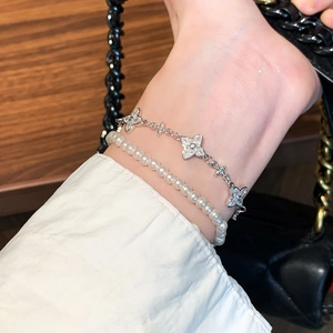Minimalist silver clover zircon bracelet and white pearl bracelet set for women