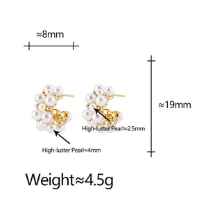 Elegant French gold C-shaped hoop earrings with cluster bright pearls for women
