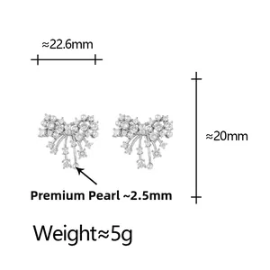 Dettagli delle dimensioni orecchini a fiocco con zirconi e perle premium da 2,5 mm