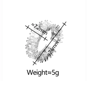 Detail view of emerald-cut zircon eternity band with dimensions 7.2mm width and 24mm diameter