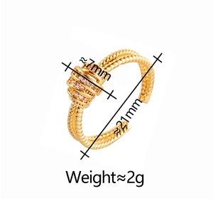 Detailed view of gold twisted rope ring with dimensions showing width and weight