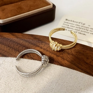 Twisted Rope Open Ring Copper Pavé Zircon Knot Double Layer Adjustable Minimalist Elegant Fashion Jewelry Women