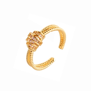 18K gold plated double-layered rope ring with crisscross knot and cubic zirconia