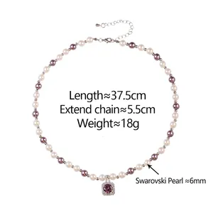 Collier de perles élégant avec pendentif carré en pierre violette et chaîne argent
