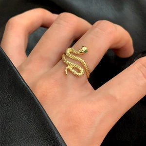 Snake Wrap Ring Copper Green Gemstone Zircon Eyes Adjustable Open Band Jewelry For Women Vintage Punk Style Fashion