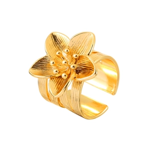 Golden multi-layer flower open ring with brushed metal texture and adjustable band