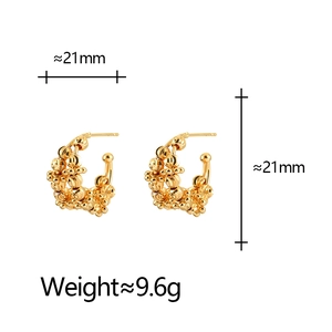 Irregular gold C-shape hoop earrings with beaded texture and 21mm diameter dimensions